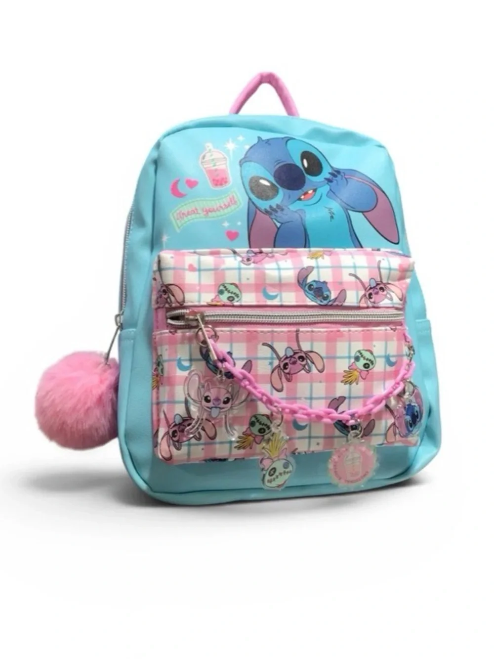 Disney Blue and Pink Stitch Mini Backpack with Pom-Pom Charm